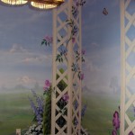 Beautiful Bathroom Mural with Lattice fence, blue sky and garden