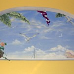 Custom mural of sea shore window with plant and sea gull and clouds