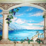 Beautiful mural, roman columns, view through columns to lake and blue sky